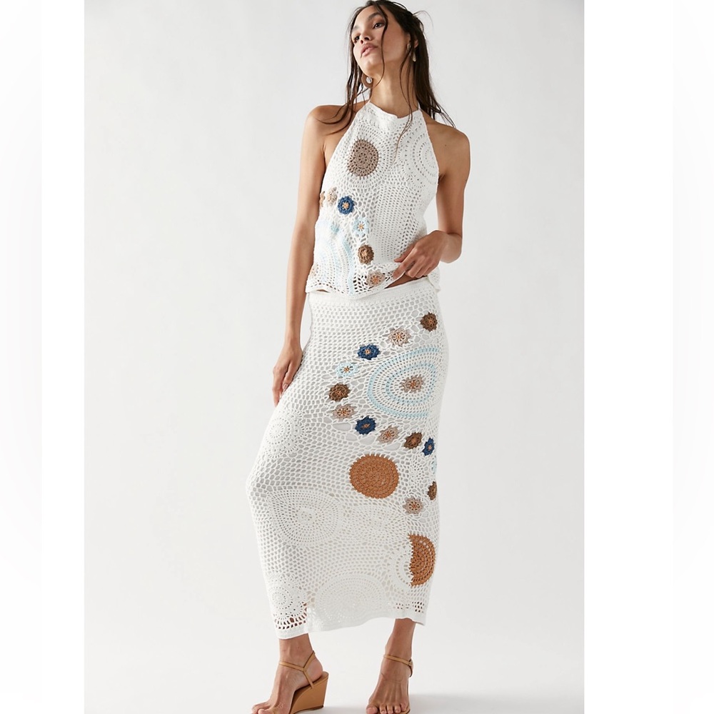 NWT Free People White Crochet Halter Midi Skirt Set with Tan & Blue Accents